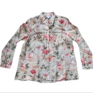 J.Jill Floral Silk Button Front Collared Shirt Blouse S Pearl Buttons Semi-Sheer